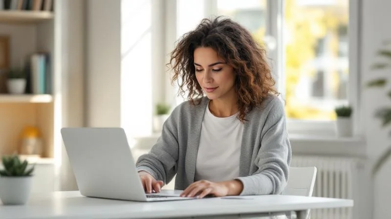 Frau sitzt am Schreibtisch in Duisburg und füllt Formulare am Laptop aus