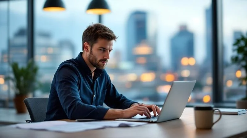 Mann sitzt konzentriert am Laptop in einem modernen Büro in Duisburg und recherchiert Karrierechancen