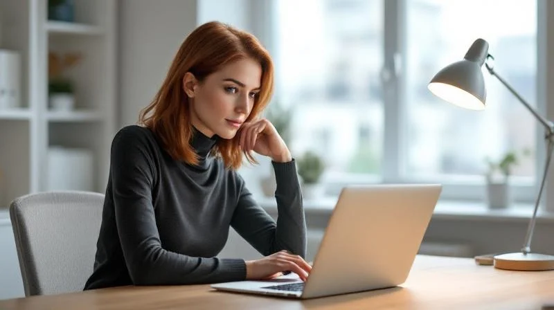 Frau arbeitet am Laptop in einem modernen Büro in Duisburg