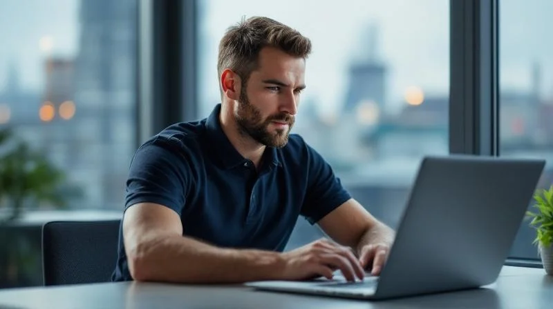 Mann arbeitet konzentriert am Laptop in einem modernen Büro im Ruhrgebiet